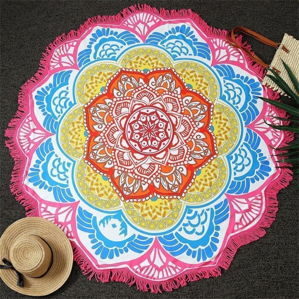 HARVE' BERNARD circular  Blue/ White  BEACH BLANKET 56" 2"  FRINGE  NEW! BOHO